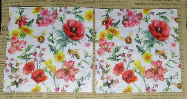 Paper Napkins (Pack of 2) Bee's Red Poppies Flowers Foliage