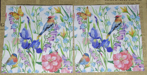 Paper Napkins (Pack of 2) Orange and Blue Bird Blue iris Flowers Pink Flwoers Blue Bells
