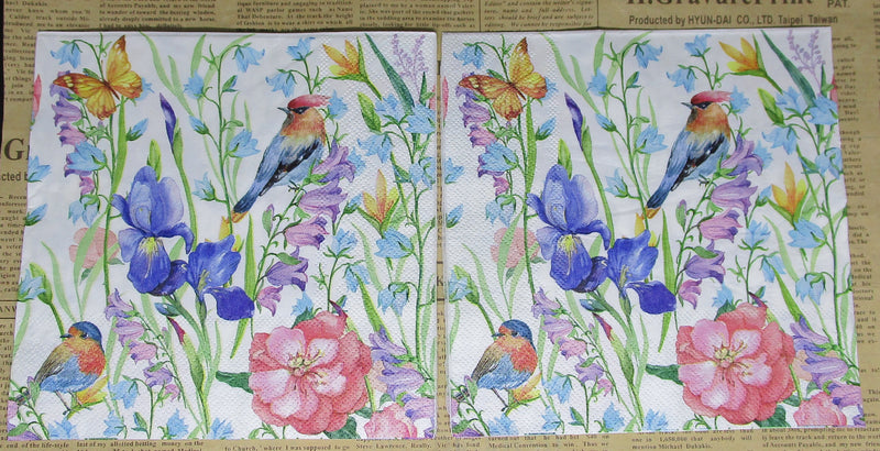 Paper Napkins (Pack of 2) Orange and Blue Bird Blue iris Flowers Pink Flwoers Blue Bells