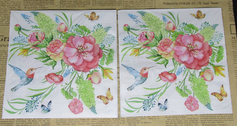 Paper Napkins (Pack of 2) Pinka dn Blue Bird humming Bird Flower Bouquet Butterfly