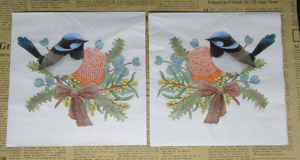 Paper Napkins (Pack of 2) Blue Wren Bird Banksia Wattle Ribbon Bow