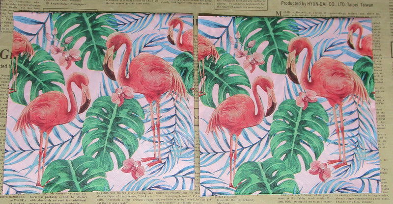 Paper Napkins (Pack of 2) Pink Flamingo Green Palm Leaves