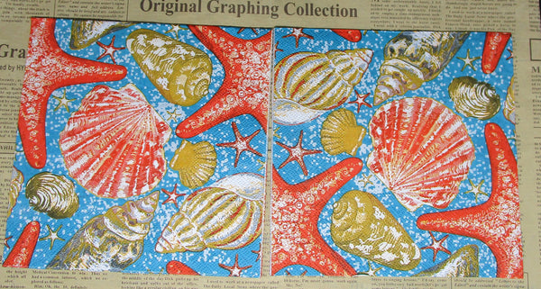 Paper Napkins (Pack of 2) Seashells Orange and Brown and Aqua Blue