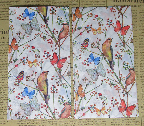 Paper Napkins (Pack of 2) Birds andButterfly on Twigs Red Flowers