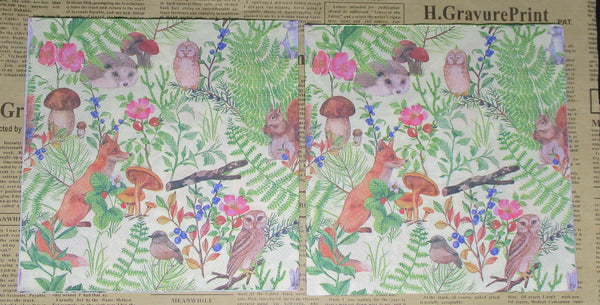 Paper Napkins (Pack of 2) Woodland Creatures Fox Owl Mushroom Bird Hedgehog Foliage