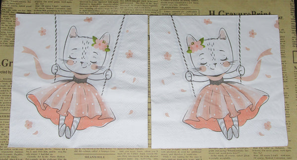 Paper Napkins (Pack of 2) Kitty Cat on A Swing in Ballet Tutu