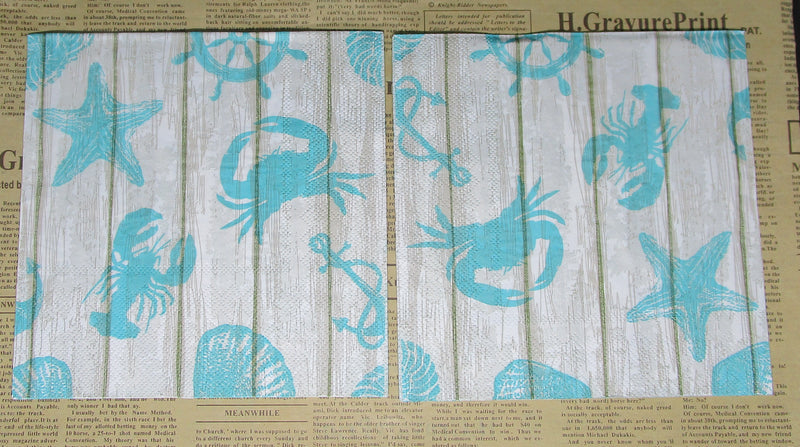 Paper Napkins (Pack of 2) Woodgrain with Blue Shells Lobster Crabs Anchor Ships Wheel