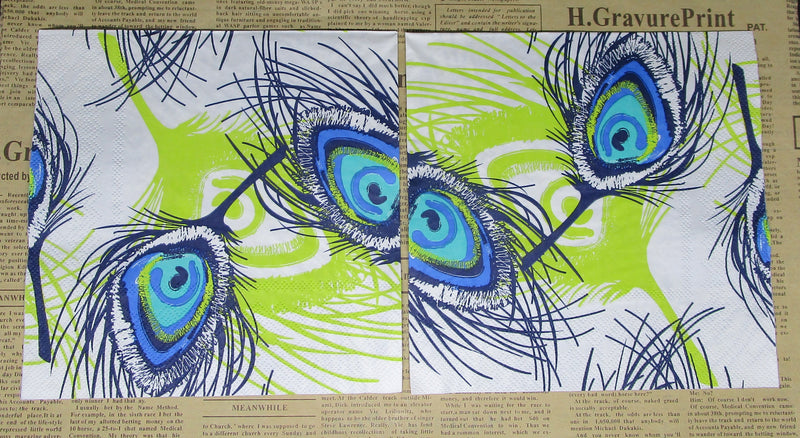 Paper Napkins (Pack of 2) Peacock Feather Blue and Lime Green on White Bacvkground