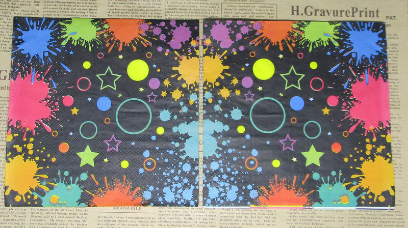 Paper Napkins (Pack of 2) Coloured Splats Circle and Stars on Black Background