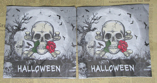 Paper Napkins (Pack of 2) Skull wiht Rose Tree and Spiderweb Bats Moon