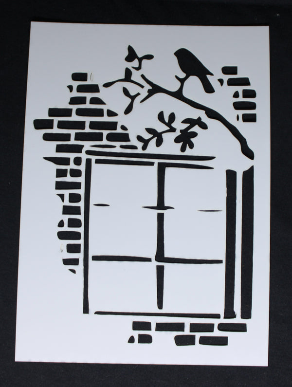 Stencil Bird and Window/Brickwall Medium