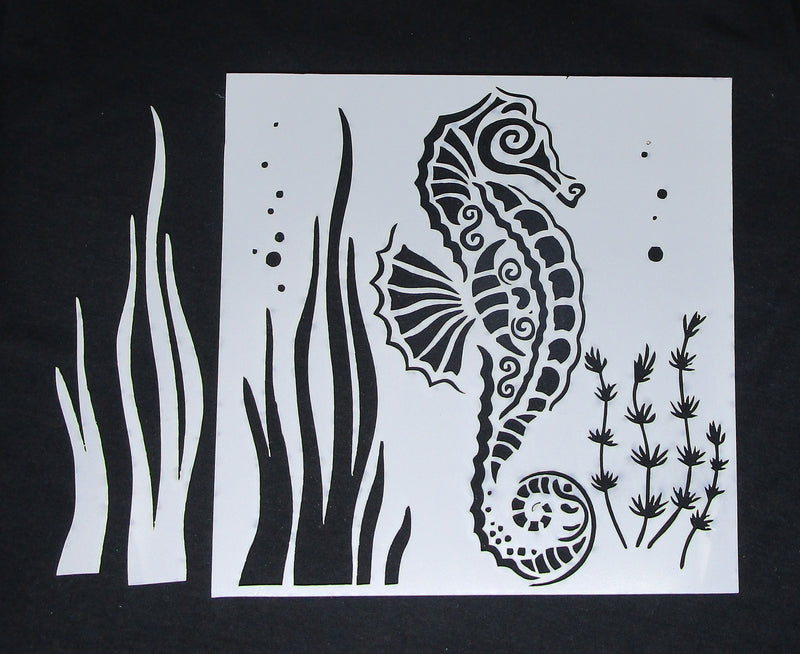 Stencil and Mask Set 8 x 8inch Seahorse and Seaweed