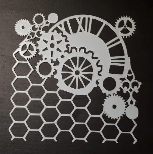 Stencil 12 x 12 Mixed Steam Punk Cogs Clock and Honeycomb
