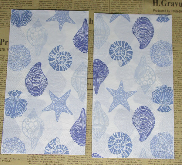 Paper Napkins (Pack of 2) Blue Seashells on White Background