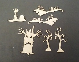 Chipboard Halloween Trees, Scene and Hands Growing from Ground.
