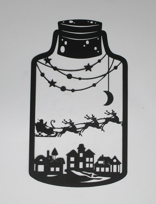 Black Cardstock Christmas Jar with Houses, Santa and Sleigh