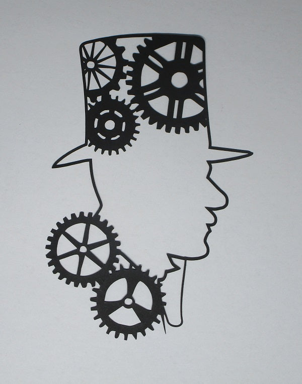 Black Cardstock Man with Top Hat and Cogs Steam Punk Large