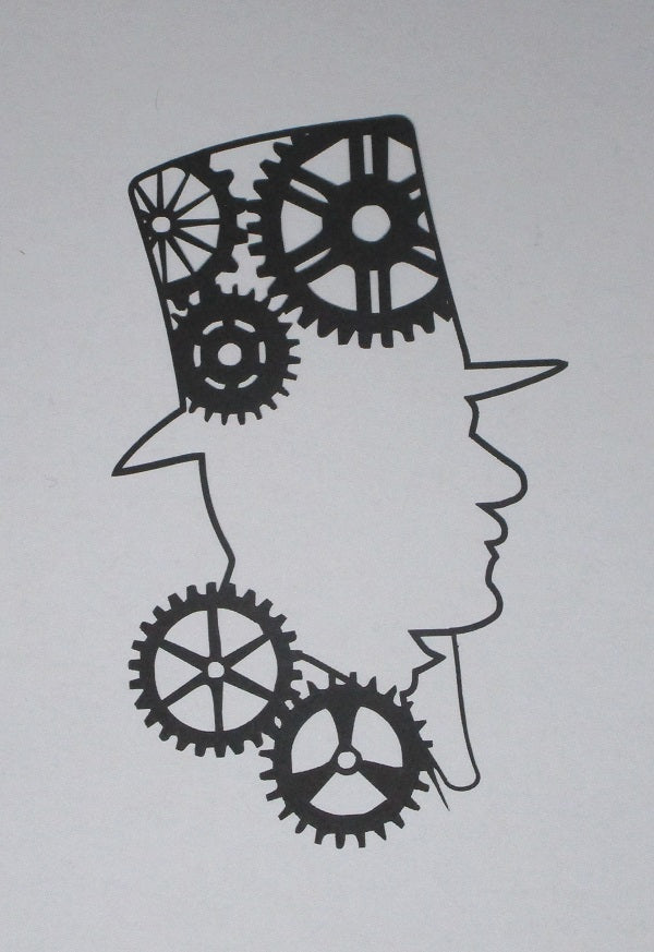 Black Cardstock Man with Top Hat and Cogs Steam Punk Medium