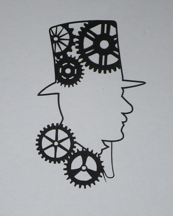 Black Cardstock Man with Top Hat and Cogs Steam Punk Small