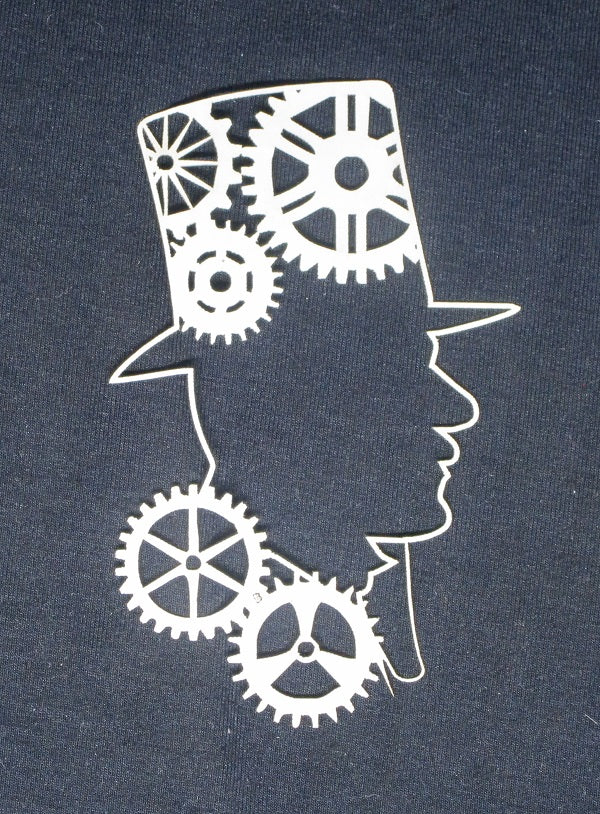 White Cardstock Man with Top Hat and Cogs Steam Punk Small