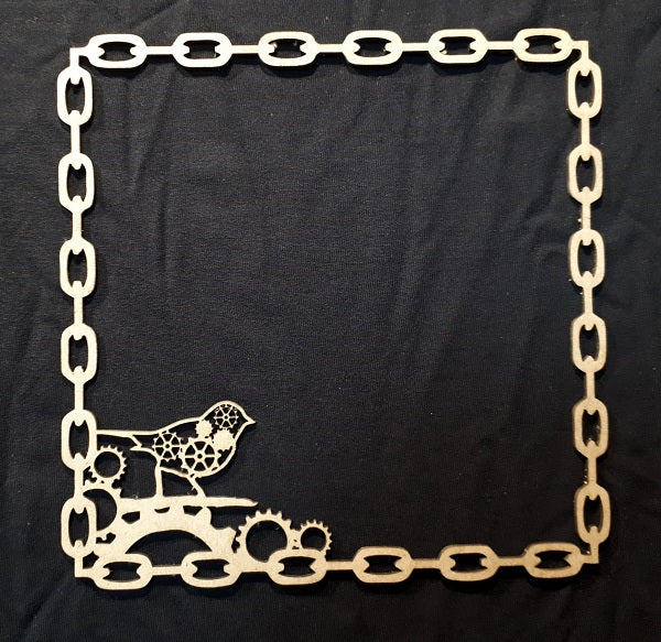 Chipboard Frame Chain Rectangle and Bird with Cogs Medium