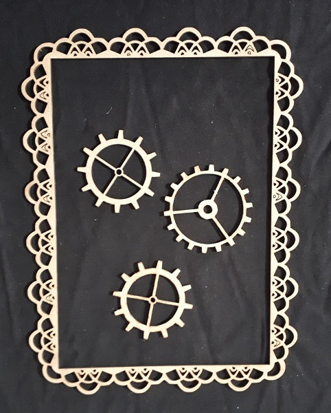 Chipboard Frame Lacy Scallop and Cogs