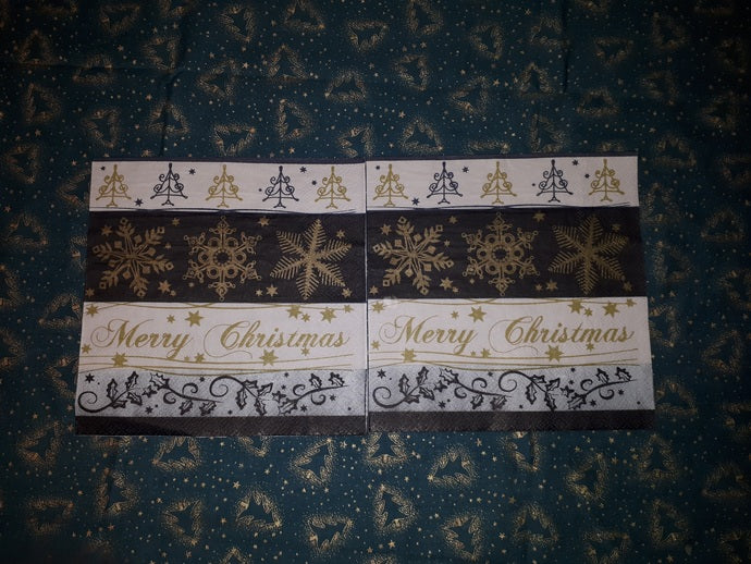 Paper Napkins (Pack of 2) Christmas Black and Gold Snow Flakes, Merry Christmas Swirls,