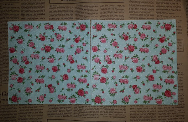 Paper Napkins (Pack of 2) Aqua Spots with Red and Pink Roses Shabby Chic