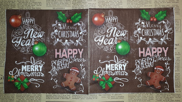 Paper Napkins (Pack of 2) Christmas, Brown Gingerbreadman, Baubles, Holly, Words