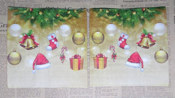 Paper Napkins (Pack of 2) Christmas Baubles Santa Hat Stocking Presents Candy Cane