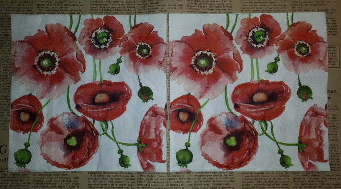 Paper Napkins (Pack of 2) Red Poppies, Remembrance Anzac War Soliders