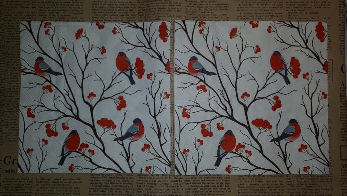 Paper Napkins (Pack of 2) Birds Red Robins, Branches Red Flowers