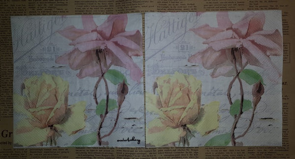 Paper Napkins (Pack of 2) Flowers Pink and Yellow Roses, Pastel, Words Shabby Chic
