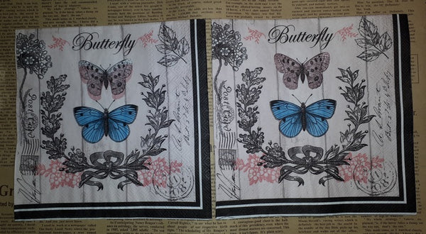 Paper Napkins (Pack of 2) Blue Butterfly, Postage Stamp, Flourishes