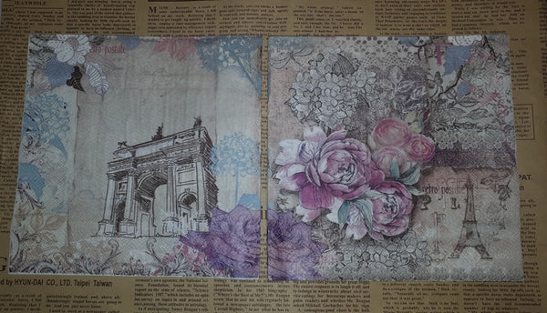 Paper Napkins (Pack of 2) Paris Eifel Tower Roses Pink Shabby Chic Flowers Arc de Triumph