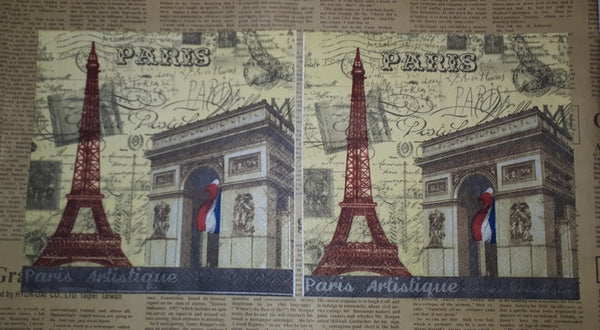 Paper Napkins (Pack of 2) Paris Eifel Tower Arc de Triumph Postage Stamps Script