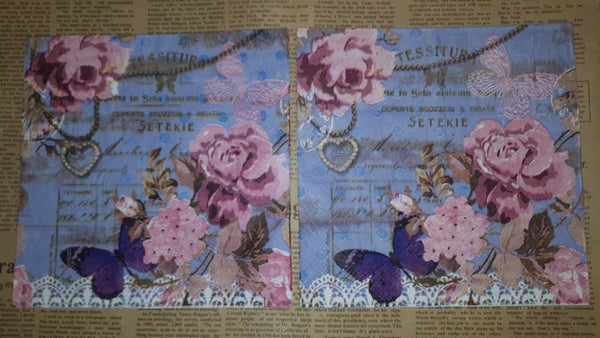 Paper Napkins (Pack of 2) Pink roses Lace Butterfly Pearls and French Writing