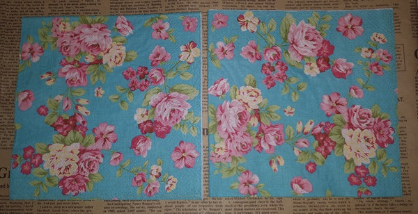 Paper Napkins (Pack of 2) Aqua Blue Pink and Red Roses Shabby Chic