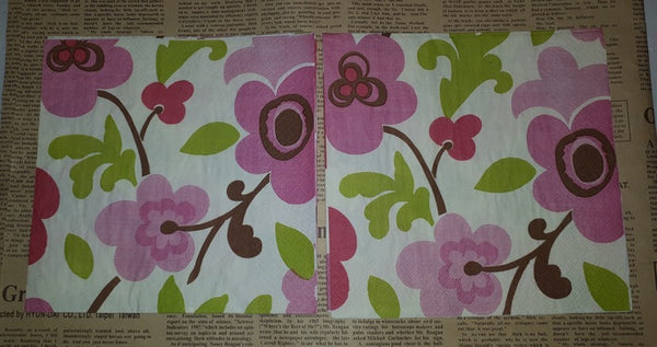 Paper Napkins (Pack of 2) Pink and Chocolate Flowers Green Leaves Cream