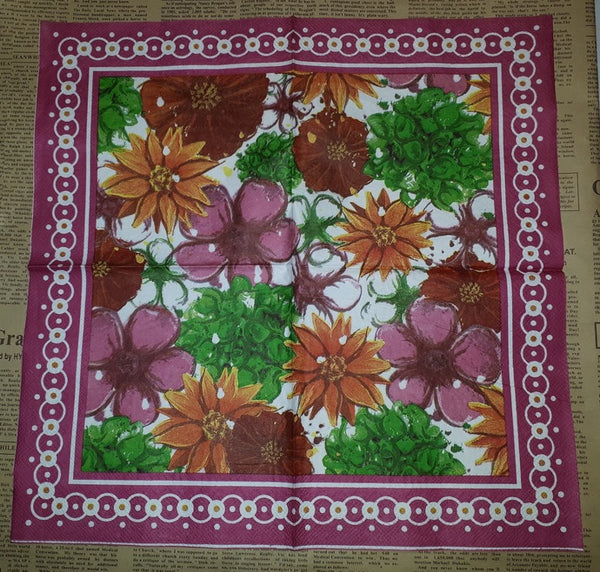 Paper Napkins (Pack of 2) Burgundy Ywllow and Pink Flowers Circle Border