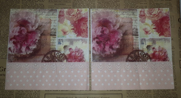 Paper Napkins (Pack of 2) Red and Pink Flowers Shabby Chic Lace Pink Spots