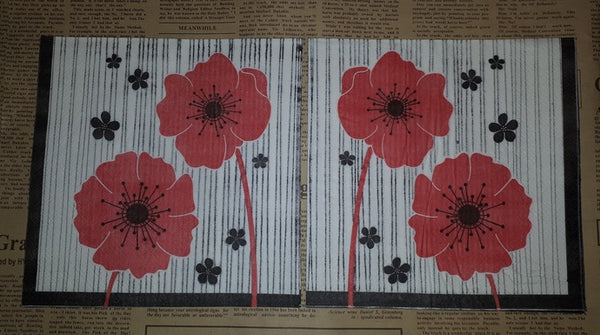 Paper Napkins (Pack of 2) Black White and Red Poppy Remembrance Army ANZAC
