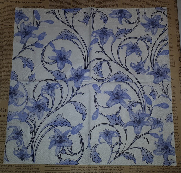 Paper Napkins (Pack of 2) Blue and White Flowers and Swirls Lilies.