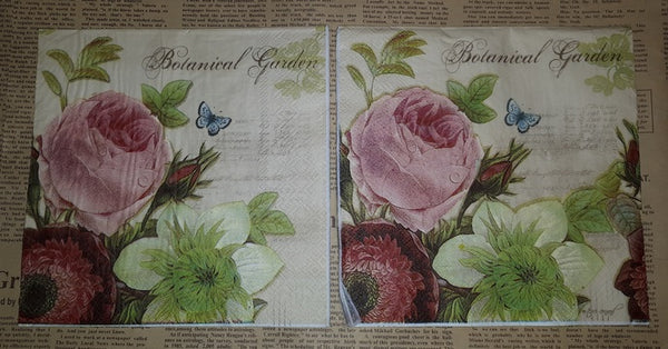 Paper Napkins (Pack of 2) Botanical Gardens Pink Roses Butterfly Flowers