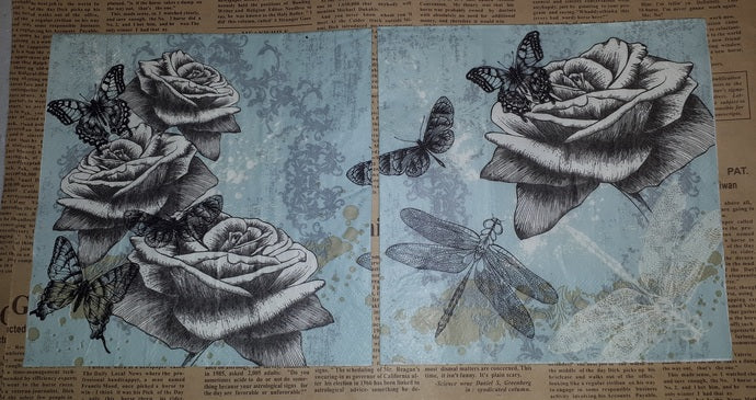 Paper Napkins (Pack of 2) Black and Green Roses Butterfly and Dragonfly