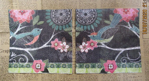 Paper Napkins (Pack of 2) Birds Pink Green and Black Flowers