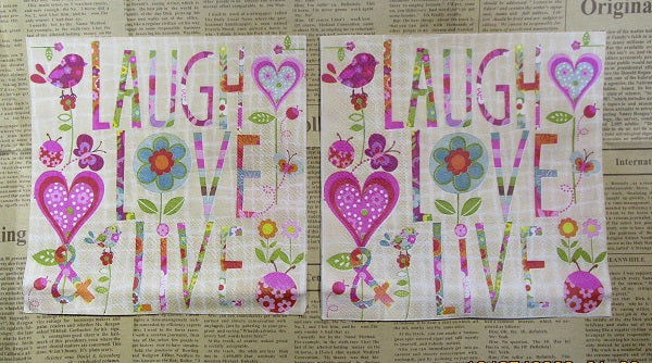 Paper Napkins (Pack of 2) Laugh Love Life Pretty Flowers Hearts Birds