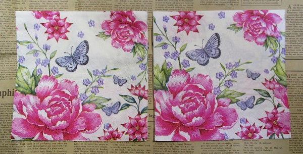 Paper Napkins (Pack of 2) Pink and White Rose Blue Butterfly