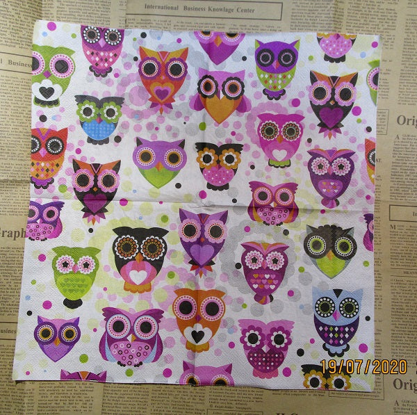 Paper Napkins (Pack of 2) Pink Green Purple Funky Looking Owls