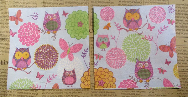 Paper Napkins (Pack of 2) Blue Owls Green and Pink Flowers Butterfly